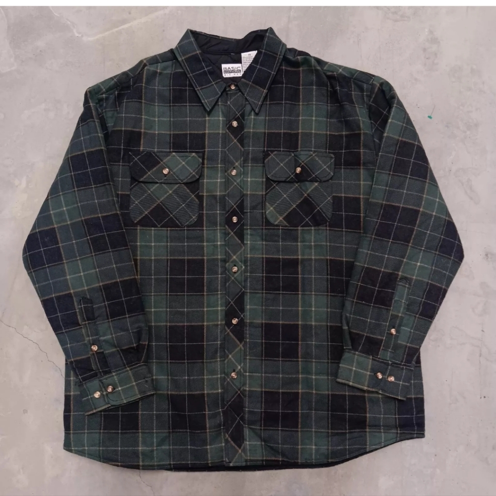 VTG Basic Editions Green Plaid Flannel Quilted Lined Shirt Jacket Mens 2XL